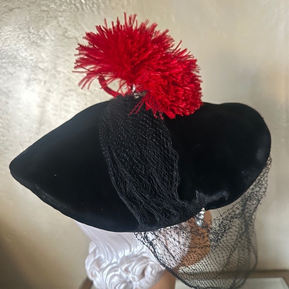 POSH 1940\'s BLACK VELVET HAT  - RHINESTONES + PEARL & FEATHER TRIM + VEIL main image 8